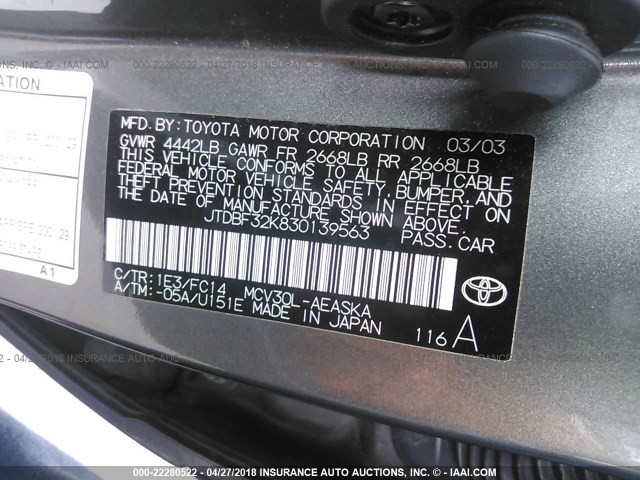 JTDBF32K830139563 - 2003 TOYOTA CAMRY LE/XLE Grau Foto 9
