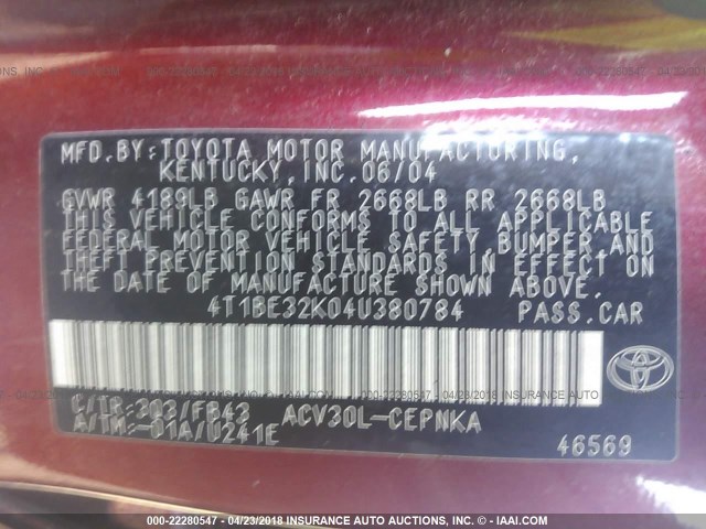 4T1BE32K04U380784 - 2004 TOYOTA CAMRY LE/XLE/SE RED photo 9