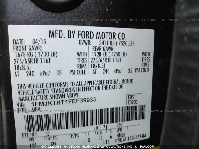 1FMJK1HT1FEF39933 - 2015 FORD EXPEDITION EL XLT/EL KING RANCH GRAY photo 9