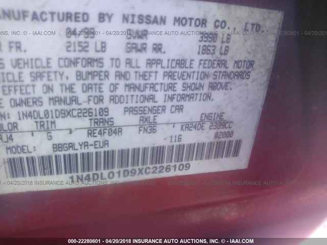 1N4DL01D9XC226109 - 1999 NISSAN ALTIMA XE/GXE/SE/GLE RED photo 9