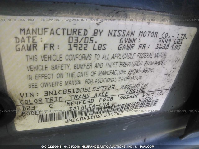 3N1CB51D05L539723 - 2005 NISSAN SENTRA 1.8/1.8S GREEN photo 9