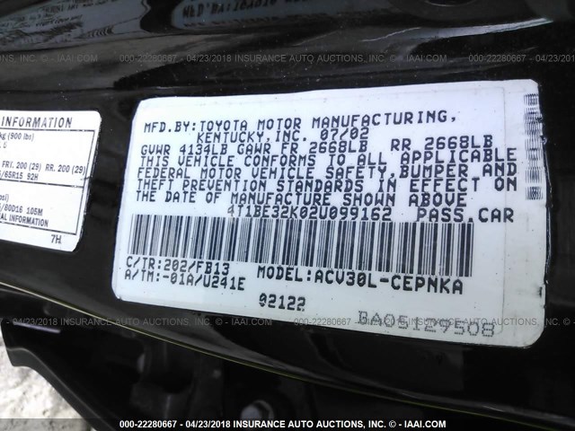 4T1BE32K02U099162 - 2002 TOYOTA CAMRY LE/XLE/SE 黑色 照片 9