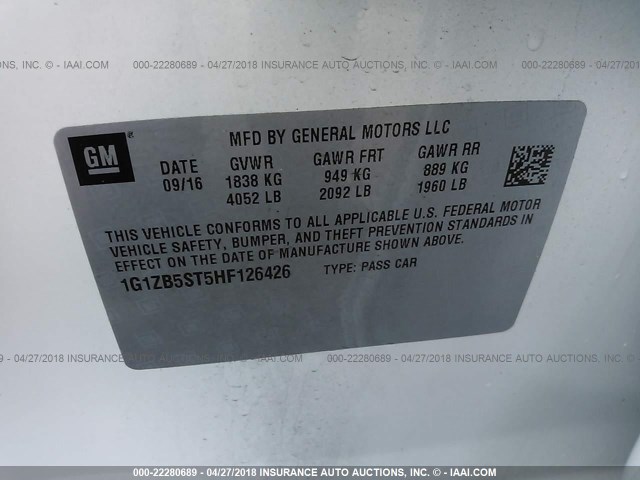 1G1ZB5ST5HF126426 - 2017 CHEVROLET MALIBU LS თეთრი ფოტო 9