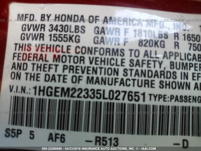 1HGEM22335L027651 - 2005 HONDA CIVIC DX VP 红色 照片 9