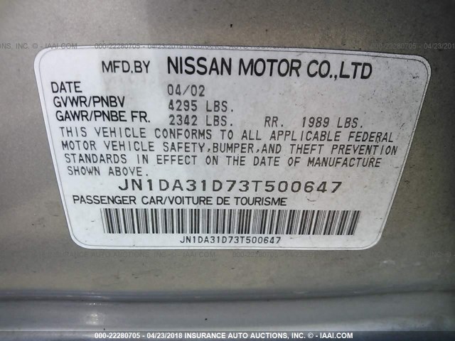 JN1DA31D73T500647 - 2003 NISSAN MAXIMA GLE/GXE/SE GRAY photo 9