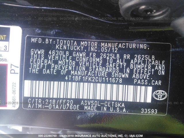 4T1BF1FK2CU111678 - 2012 TOYOTA CAMRY SE/LE/XLE BLACK photo 9