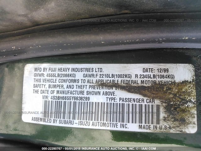 4S3BH6655Y6638289 - 2000 SUBARU LEGACY OUTBACK GREEN photo 9