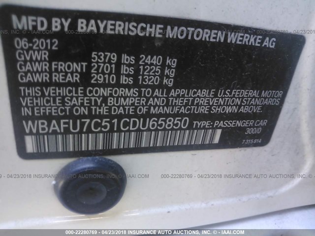 WBAFU7C51CDU65850 - 2012 BMW 535 XI WHITE photo 9