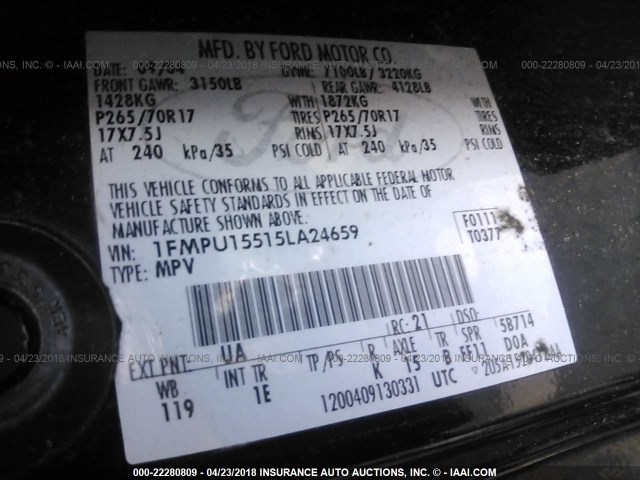 1FMPU15515LA24659 - 2005 FORD EXPEDITION XLT შავი ფოტო 9