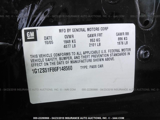 1G1ZS51F86F148560 - 2006 CHEVROLET MALIBU LS 黑色 照片 9