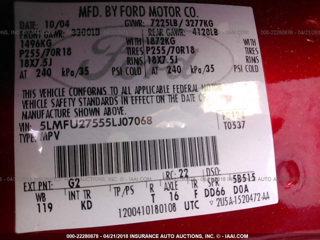 5LMFU27555LJ07068 - 2005 LINCOLN NAVIGATOR 红色 照片 9