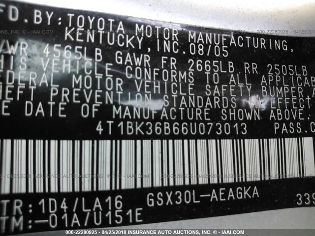 4T1BK36B66U073013 - 2006 TOYOTA AVALON XL/XLS/TOURING/LIMITED SILVER photo 9