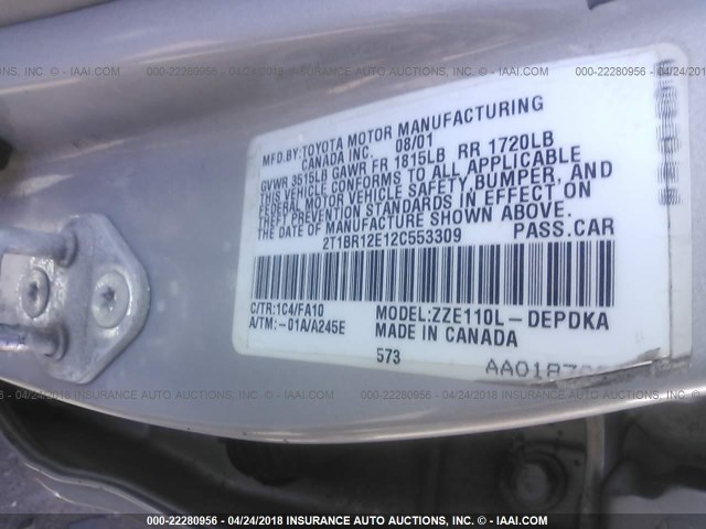 2T1BR12E12C553309 - 2002 TOYOTA COROLLA CE/LE/S SILVER photo 9