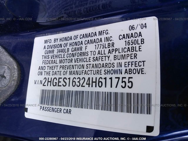 2HGES16324H611755 - 2004 HONDA CIVIC DX VP BLUE photo 9