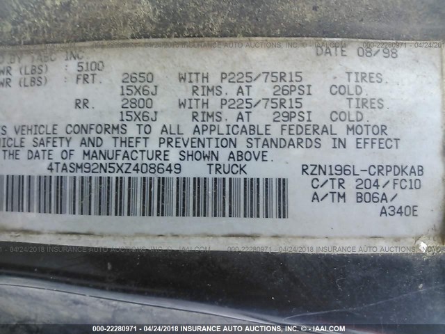 4TASM92N5XZ408649 - 1999 TOYOTA TACOMA XTRACAB PRERUNNER შავი ფოტო 9