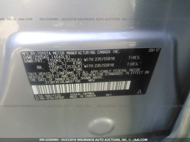 2T3RFREV8JW697106 - 2018 TOYOTA RAV4 ADVENTURE/XLE 银色 照片 9