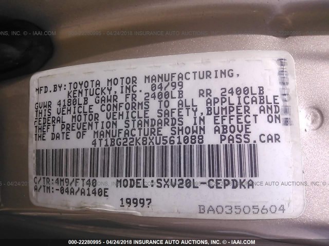 4T1BG22K8XU561088 - 1999 TOYOTA CAMRY CE/LE/XLE 金色 照片 9