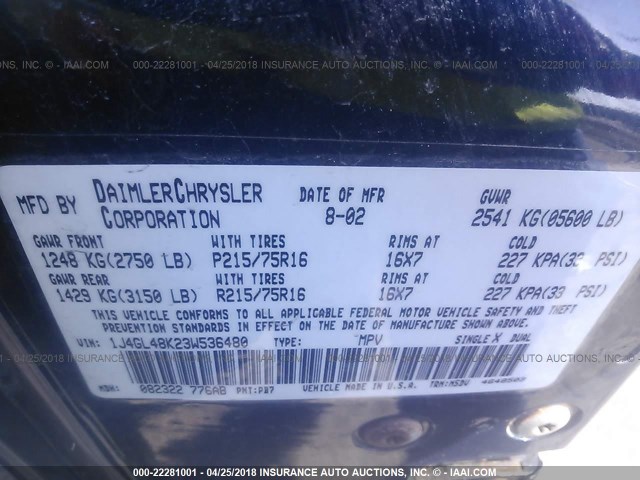 1J4GL48K23W536480 - 2003 JEEP LIBERTY SPORT/FREEDOM ლურჯი ფოტო 9