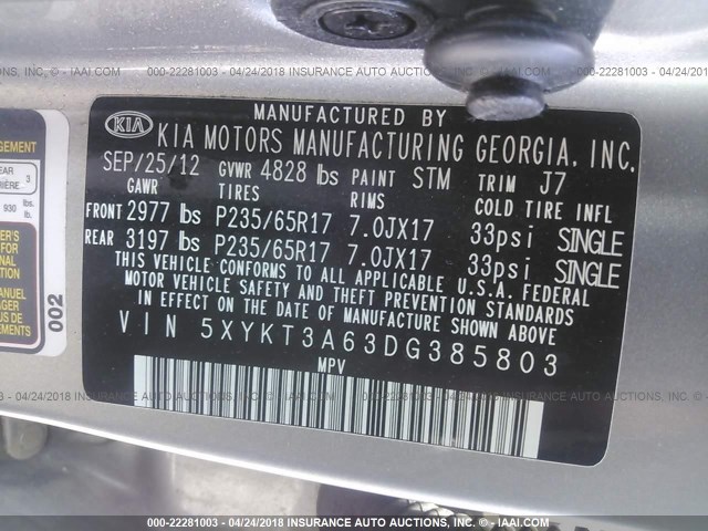 5XYKT3A63DG385803 - 2013 KIA SORENTO LX SILVER photo 9