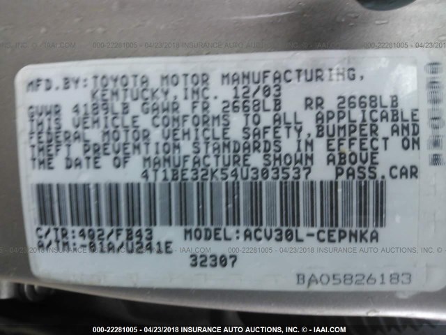 4T1BE32K54U303537 - 2004 TOYOTA CAMRY LE/XLE/SE 香槟色 照片 9