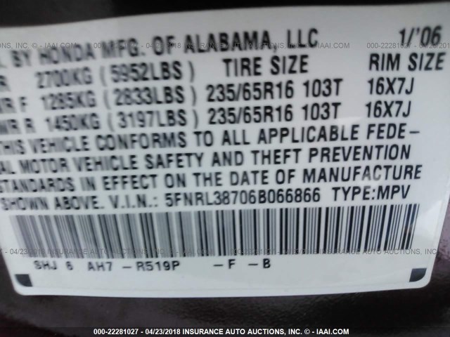 5FNRL38706B066866 - 2006 HONDA ODYSSEY EXL მუქწითელი ფოტო 9