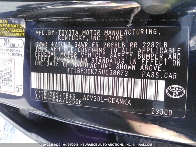 4T1BE30K75U038673 - 2005 TOYOTA CAMRY LE/XLE/SE BLACK photo 9