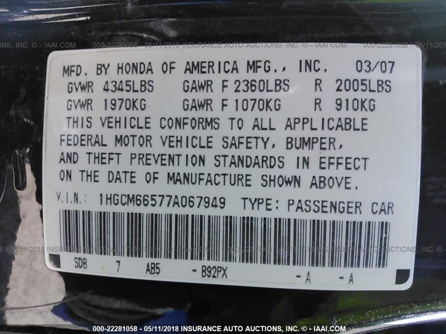 1HGCM66577A067949 - 2007 HONDA ACCORD EX BLACK photo 9