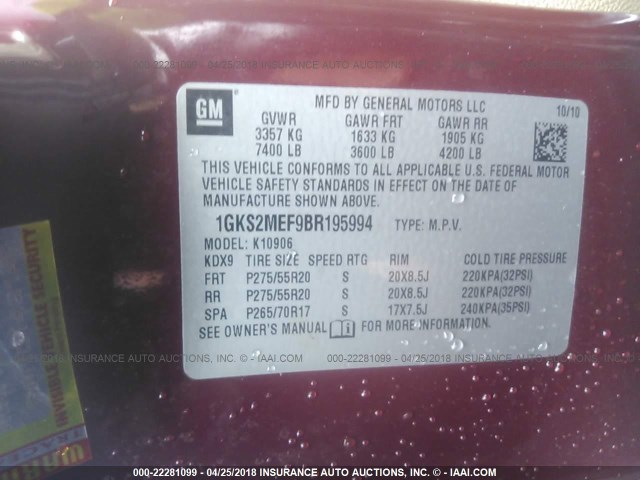 1GKS2MEF9BR195994 - 2011 GMC YUKON XL DENALI RED photo 9