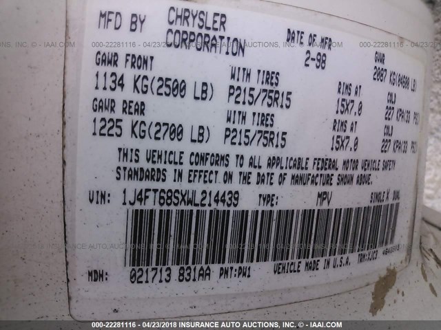 1J4FT68SXWL214439 - 1998 JEEP CHEROKEE SPORT/CLASSIC თეთრი ფოტო 9