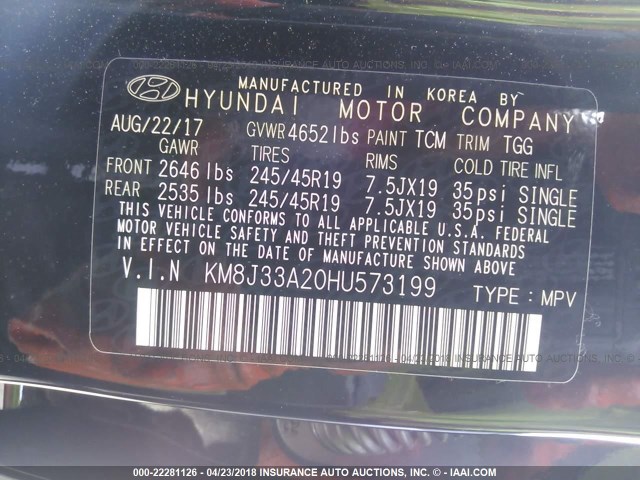 KM8J33A20HU573199 - 2017 HYUNDAI TUCSON LIMITED/SPORT AND ECO/SE BLACK photo 9