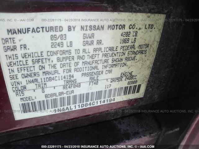 1N4AL11D84C114194 - 2004 NISSAN ALTIMA S/SL MAROON photo 9