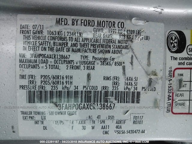 3FAHP0GAXCR138667 - 2012 FORD FUSION S SILVER photo 9