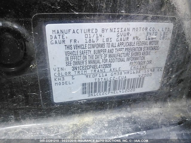 3N1CE2CP4EL412020 - 2014 NISSAN VERSA NOTE S/S PLUS/SV/SL BLACK photo 9