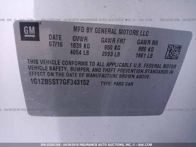 1G1ZB5ST7GF343152 - 2016 CHEVROLET MALIBU LS 白色 照片 9