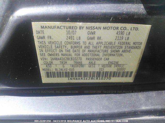1N4BA41E28C810270 - 2008 NISSAN MAXIMA SE/SL 灰色 照片 9