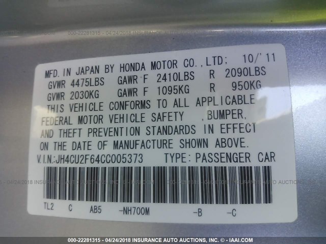 JH4CU2F64CC005373 - 2012 ACURA TSX TECH SILVER photo 9