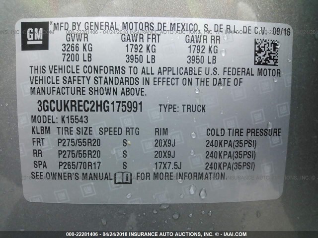 3GCUKREC2HG175991 - 2017 CHEVROLET SILVERADO K1500 LT GRAY photo 9