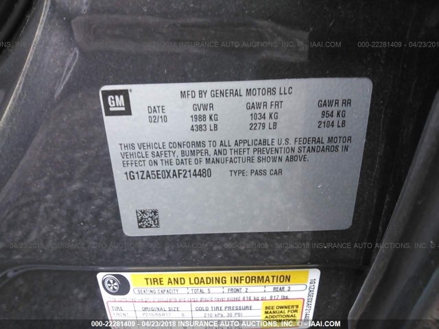 1G1ZA5E0XAF214480 - 2010 CHEVROLET MALIBU LS ნაცრისფერი ფოტო 9