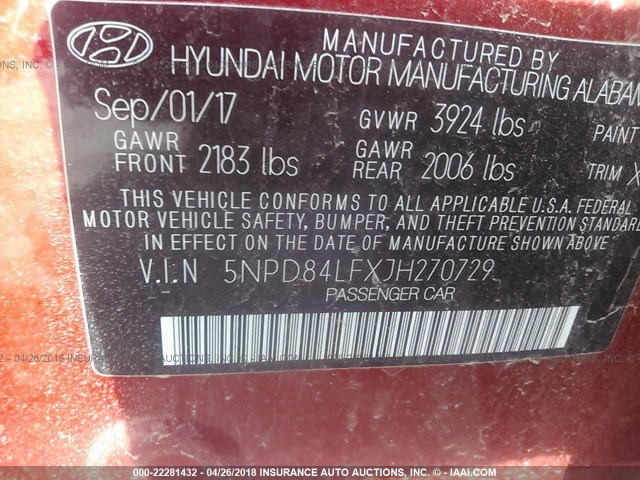 5NPD84LFXJH270729 - 2018 HYUNDAI ELANTRA SEL/VALUE/LIMITED RED photo 9