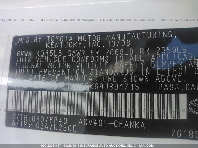 4T1BE46K69U891715 - 2009 TOYOTA CAMRY SE/LE/XLE WHITE photo 9