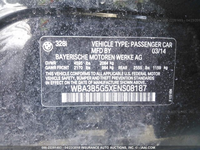 WBA3B5G5XENS08187 - 2014 BMW 328 XI SULEV BLACK photo 9