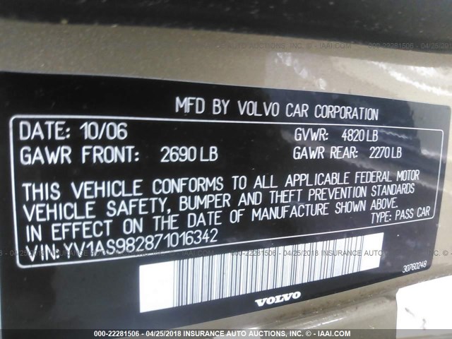 YV1AS982871016342 - 2007 VOLVO S80 3.2 GOLD photo 9