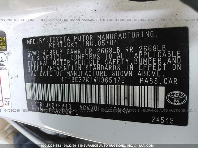 4T1BE32K14U365176 - 2004 TOYOTA CAMRY LE/XLE/SE 白色 照片 9