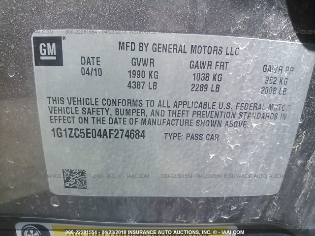 1G1ZC5E04AF274684 - 2010 CHEVROLET MALIBU 1LT BROWN photo 9