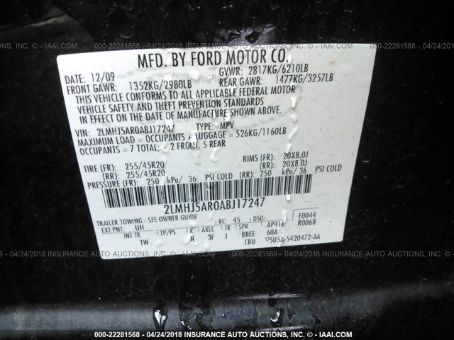 2LMHJ5AR0ABJ17247 - 2010 LINCOLN MKT BLACK photo 9