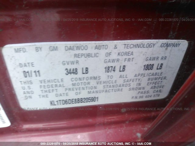 KL1TD6DE8BB205901 - 2011 CHEVROLET AVEO LS/LT BURGUNDY photo 9