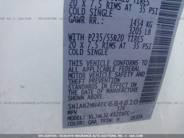 5N1AR2MN4EC684810 - 2014 NISSAN PATHFINDER S/SV/SL/PLATINUM 白色 照片 9