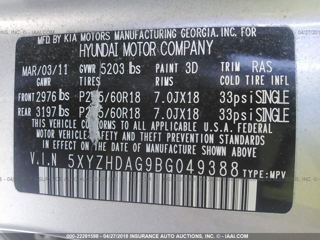 5XYZHDAG9BG049388 - 2011 HYUNDAI SANTA FE SE SILVER photo 9