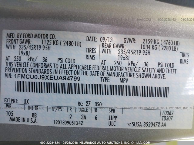 1FMCU0J9XEUA94799 - 2014 FORD ESCAPE TITANIUM SILVER photo 9