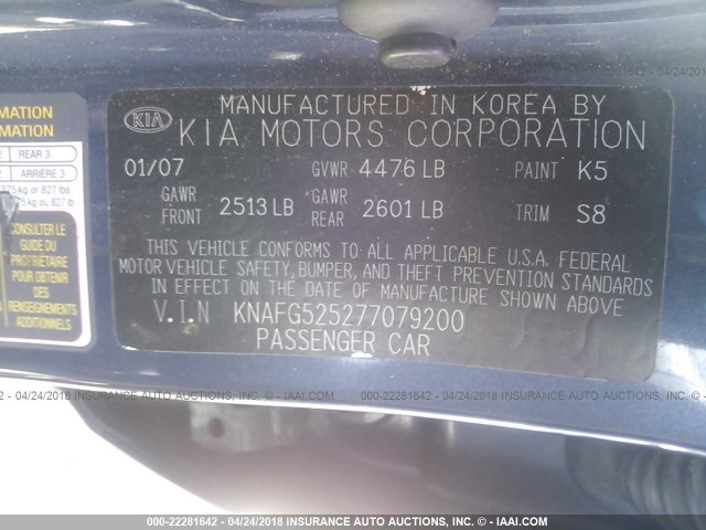 KNAFG525277079200 - 2007 KIA RONDO LX/EX BLUE photo 9